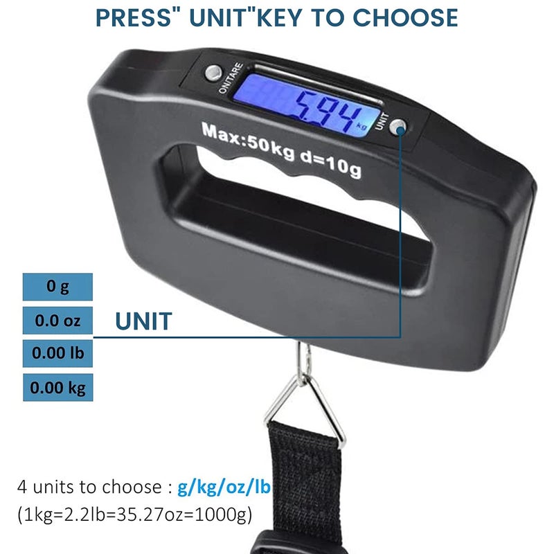 TMWEFUSC 3 Pack Luggage Scale, 50 Kg/110 Lbs Suitcase Weight Scale with LCD Display Backlight, Portable Buckle Webbing Digital Fishing Scale for Travelers and Fish Weighing, (Battery not Included). - Image 3